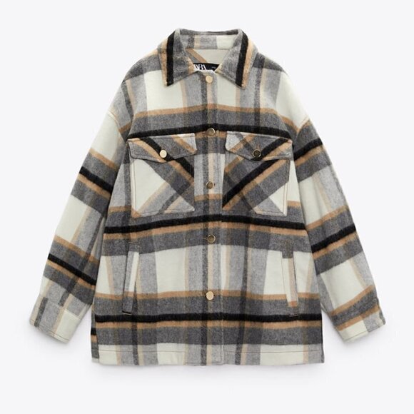 ZARA Beige Plaid Button Down Shacket L - Picture 1 of 7